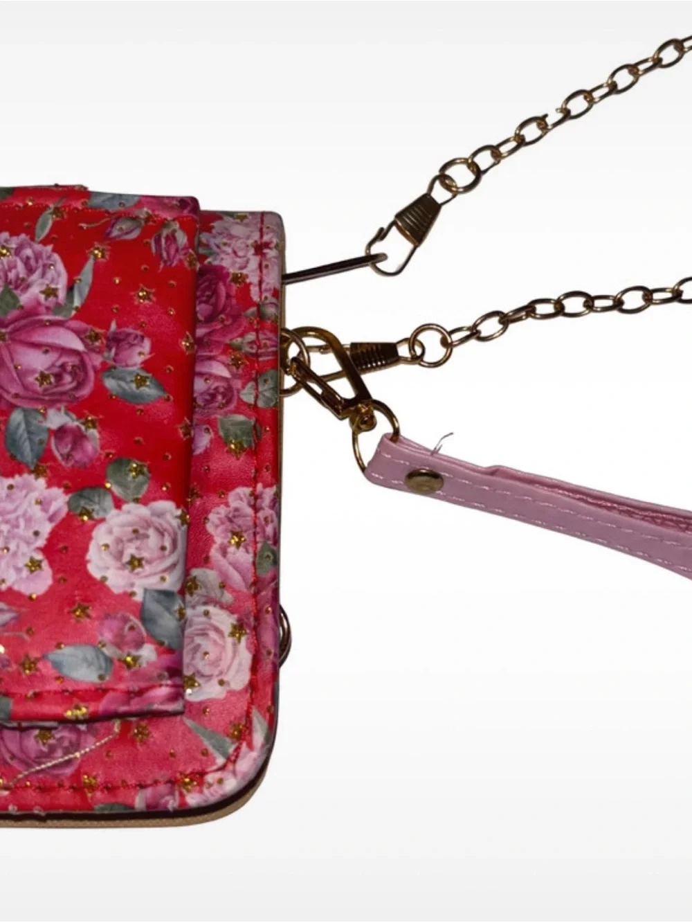 sparkly red shoulder wallet, hip length chain